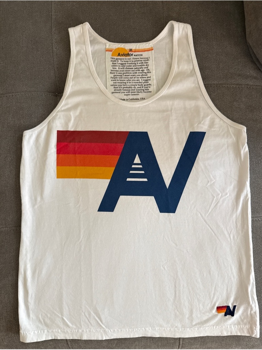 🔥 Aviator Nation White Logo Tank Top Retro Stripe Graphic-Size M Cali Luxe Vibe